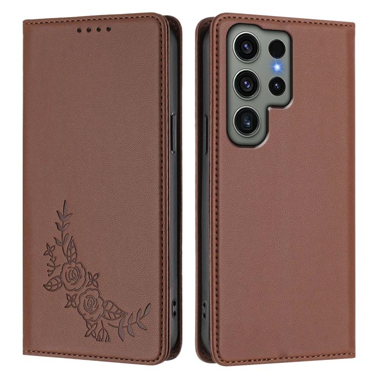 For Galaxy S23 Ultra 5G Peony Embossed Magnetic RFID Vegan Leather Phone Case