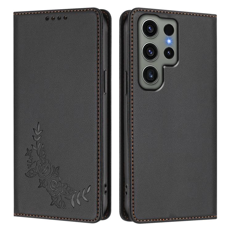 For Galaxy S23 Ultra 5G Peony Embossed Magnetic RFID Vegan Leather Phone Case