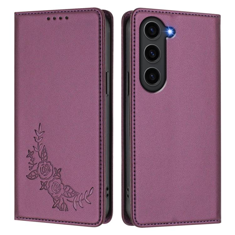 For Galaxy S23+ 5G Peony Embossed Magnetic RFID Vegan Leather Phone Case