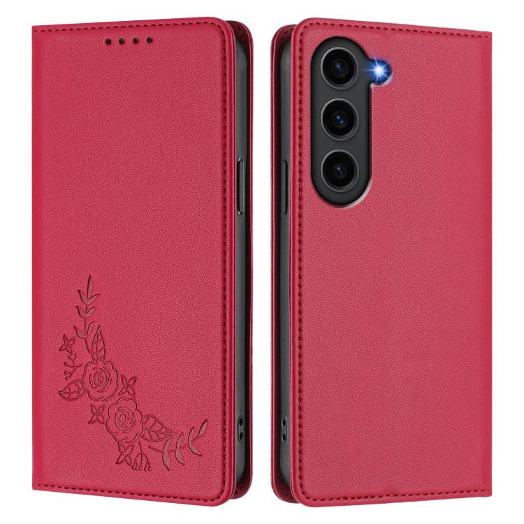 For Galaxy S23+ 5G Peony Embossed Magnetic RFID Vegan Leather Phone Case