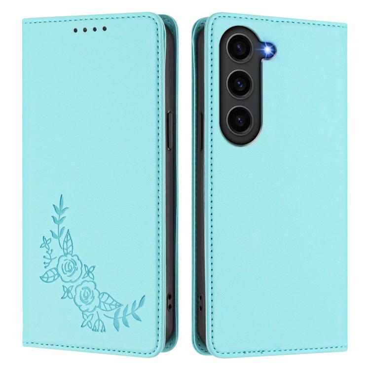 For Galaxy S23+ 5G Peony Embossed Magnetic RFID Vegan Leather Phone Case
