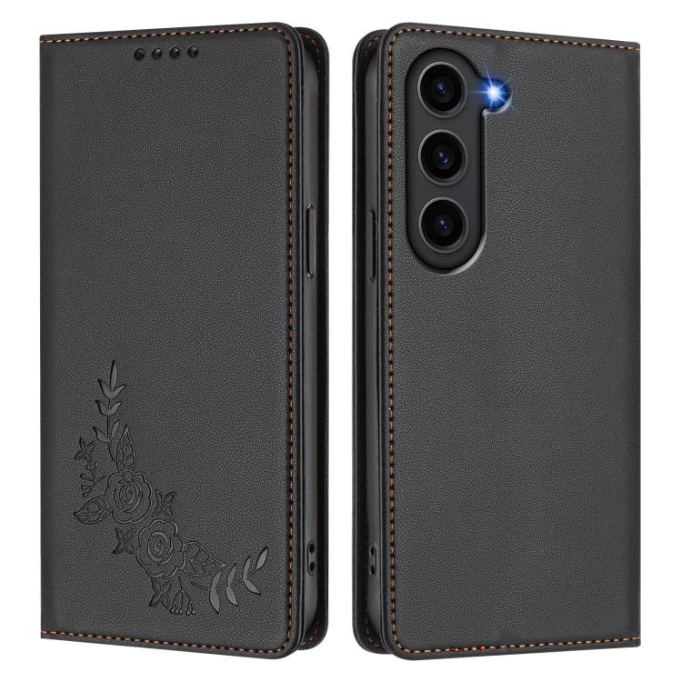 For Galaxy S23+ 5G Peony Embossed Magnetic RFID Vegan Leather Phone Case