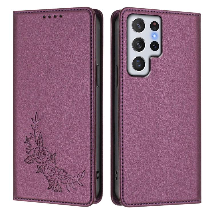 For Galaxy S22 Ultra 5G Peony Embossed Magnetic RFID Vegan Leather Phone Case