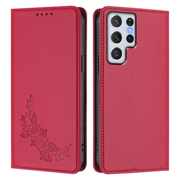 For Galaxy S22 Ultra 5G Peony Embossed Magnetic RFID Vegan Leather Phone Case