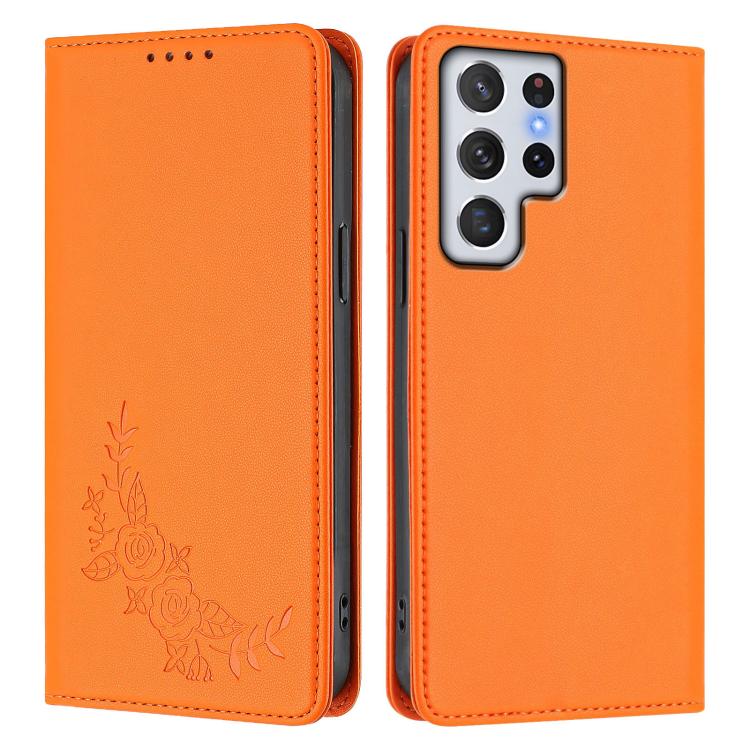For Galaxy S22 Ultra 5G Peony Embossed Magnetic RFID Vegan Leather Phone Case