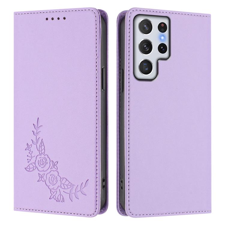 For Galaxy S22 Ultra 5G Peony Embossed Magnetic RFID Vegan Leather Phone Case