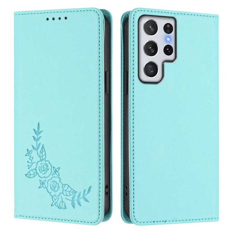 For Galaxy S22 Ultra 5G Peony Embossed Magnetic RFID Vegan Leather Phone Case