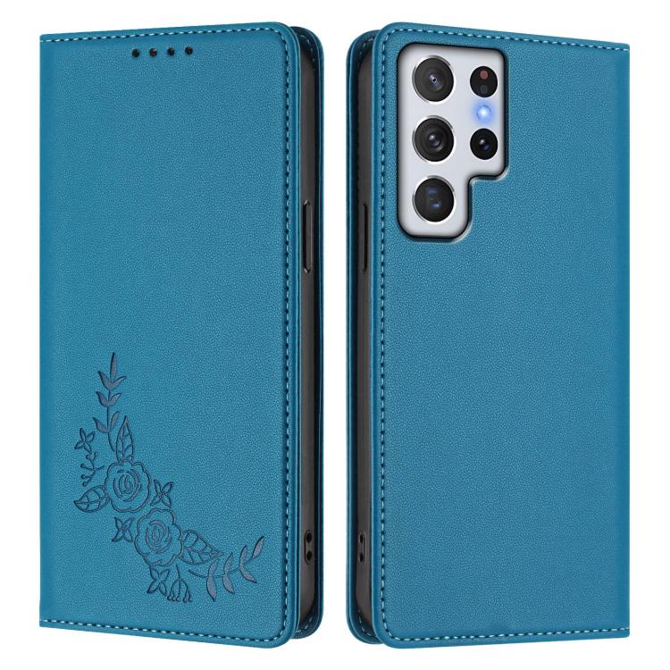 For Galaxy S22 Ultra 5G Peony Embossed Magnetic RFID Vegan Leather Phone Case