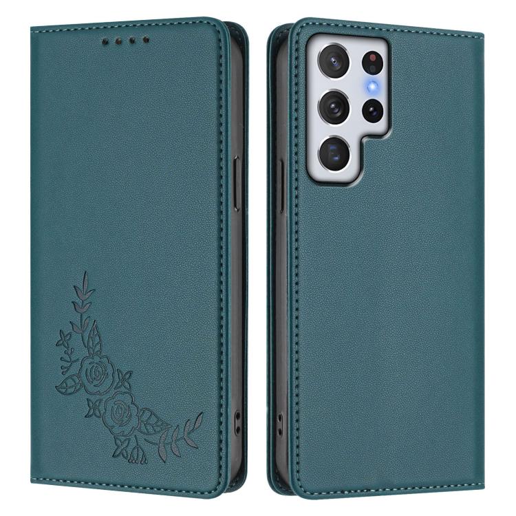 For Galaxy S22 Ultra 5G Peony Embossed Magnetic RFID Vegan Leather Phone Case
