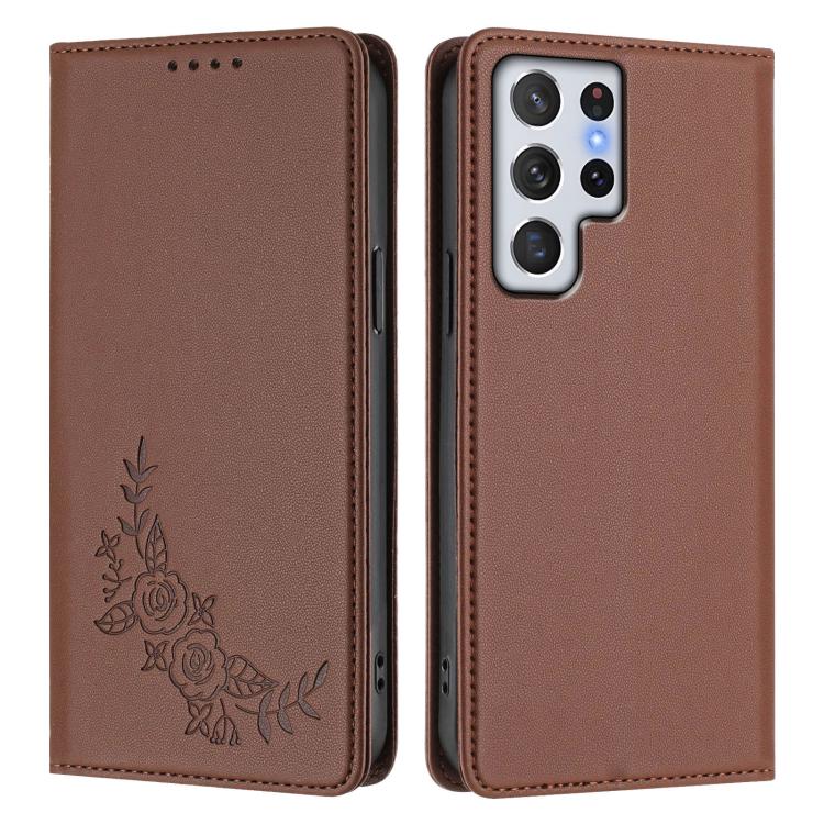 For Galaxy S22 Ultra 5G Peony Embossed Magnetic RFID Vegan Leather Phone Case