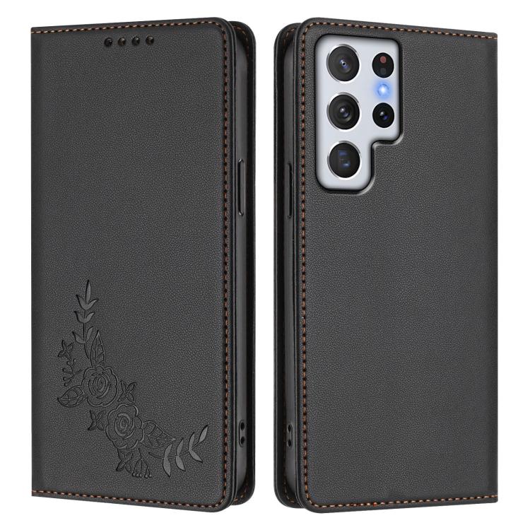 For Galaxy S22 Ultra 5G Peony Embossed Magnetic RFID Vegan Leather Phone Case