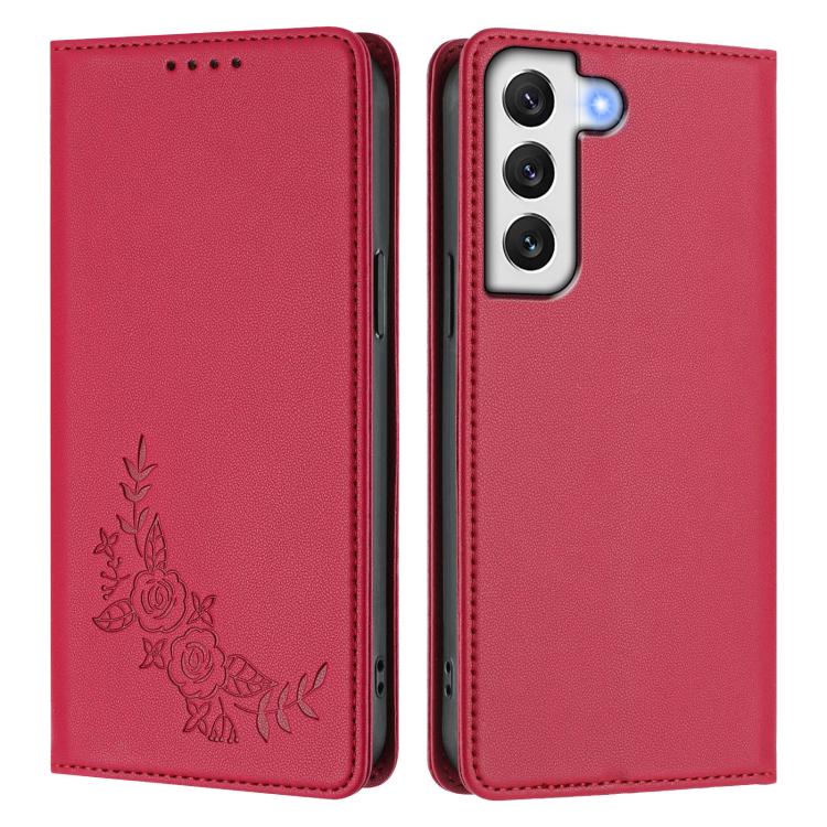 For Galaxy S22+ 5G Peony Embossed Magnetic RFID Vegan Leather Phone Case