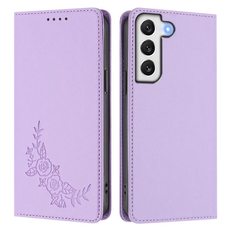 For Galaxy S22+ 5G Peony Embossed Magnetic RFID Vegan Leather Phone Case