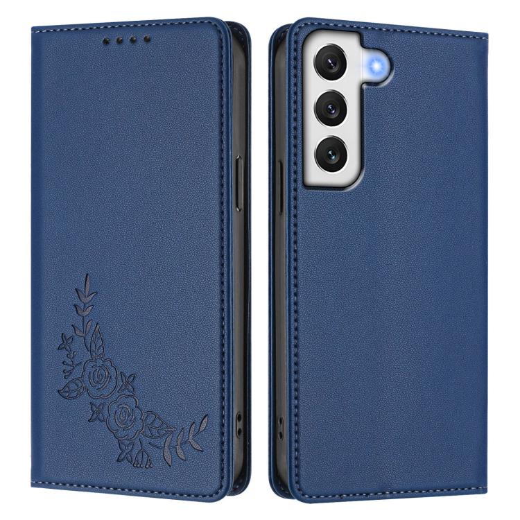 For Galaxy S22+ 5G Peony Embossed Magnetic RFID Vegan Leather Phone Case