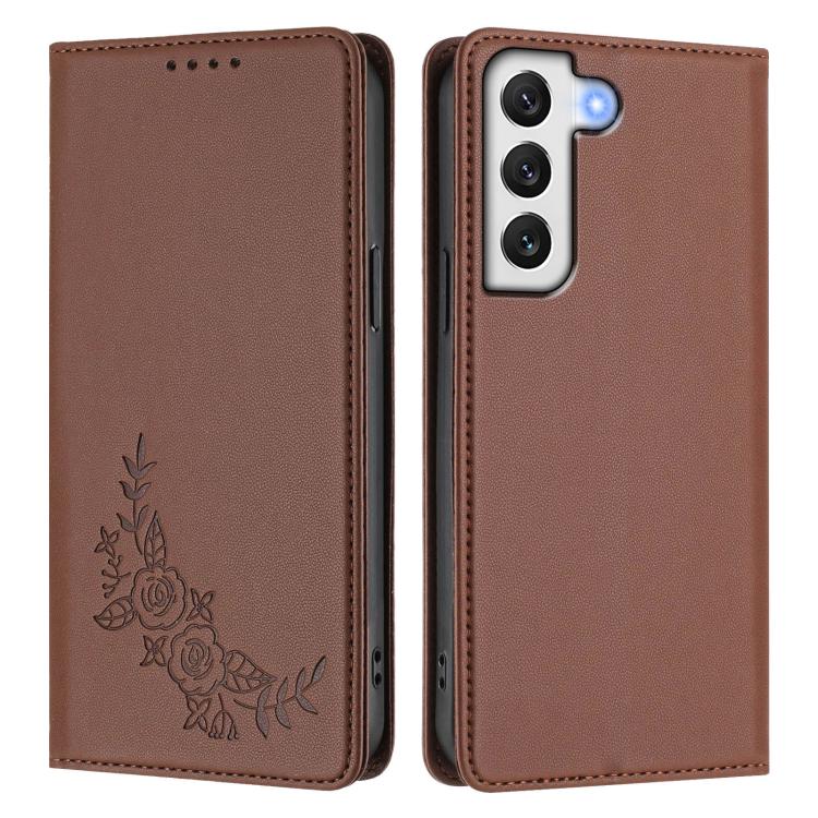 For Galaxy S22+ 5G Peony Embossed Magnetic RFID Vegan Leather Phone Case
