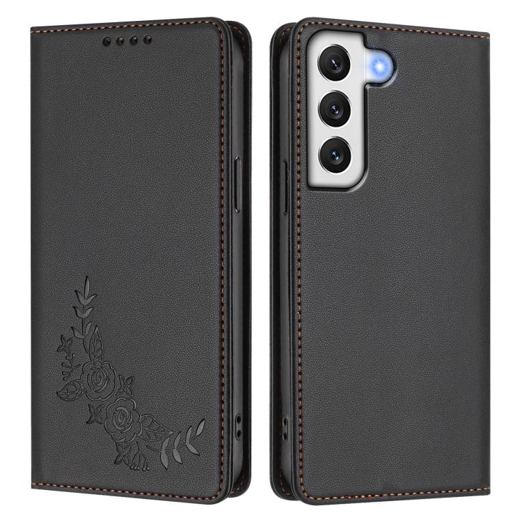 For Galaxy S22+ 5G Peony Embossed Magnetic RFID Vegan Leather Phone Case