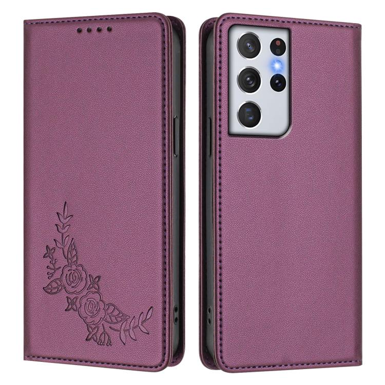For Galaxy S21 Ultra 5G Peony Embossed Magnetic RFID Vegan Leather Phone Case