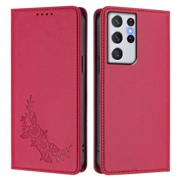For Galaxy S21 Ultra 5G Peony Embossed Magnetic RFID Vegan Leather Phone Case