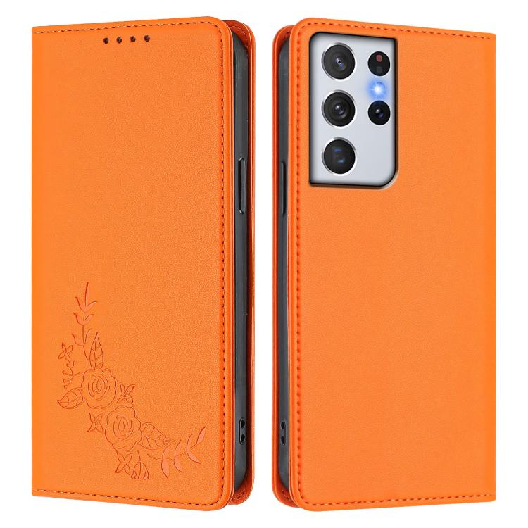For Galaxy S21 Ultra 5G Peony Embossed Magnetic RFID Vegan Leather Phone Case