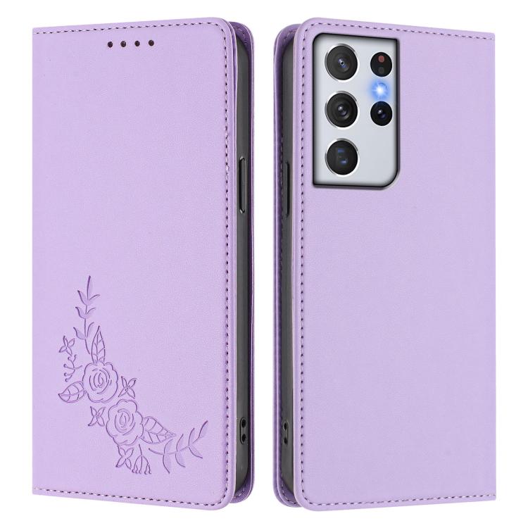 For Galaxy S21 Ultra 5G Peony Embossed Magnetic RFID Vegan Leather Phone Case