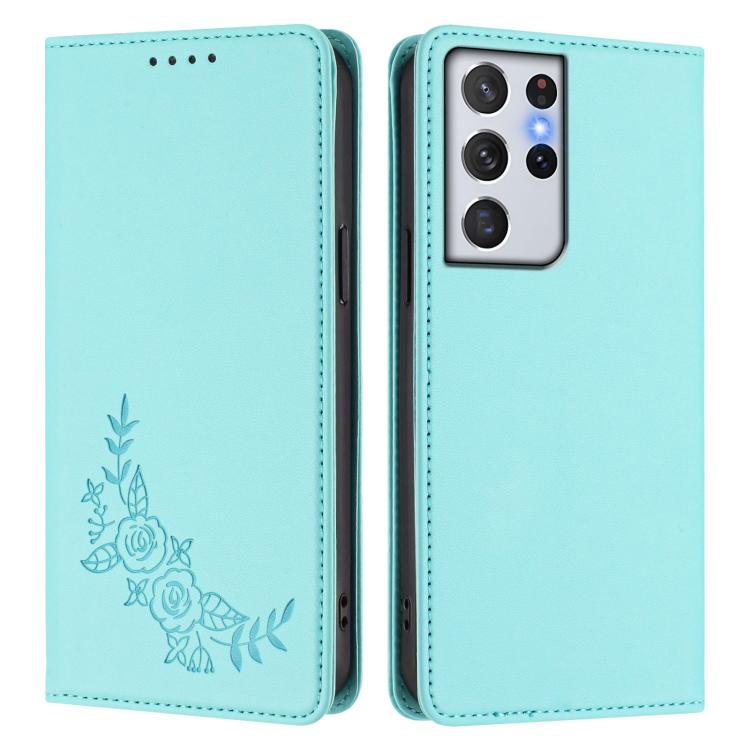 For Galaxy S21 Ultra 5G Peony Embossed Magnetic RFID Vegan Leather Phone Case