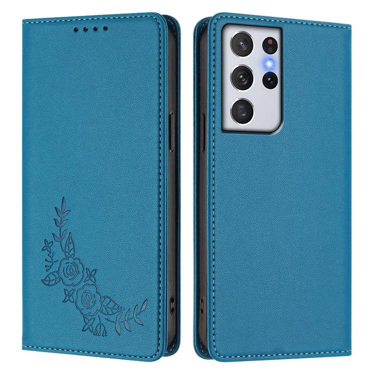 For Galaxy S21 Ultra 5G Peony Embossed Magnetic RFID Vegan Leather Phone Case