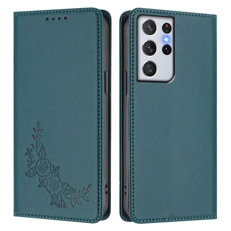 For Galaxy S21 Ultra 5G Peony Embossed Magnetic RFID Vegan Leather Phone Case