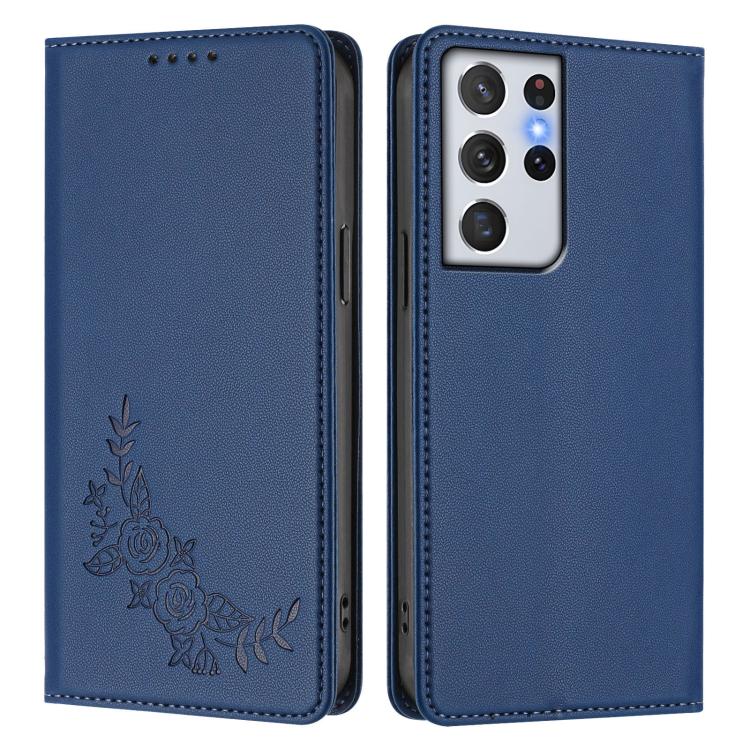 For Galaxy S21 Ultra 5G Peony Embossed Magnetic RFID Vegan Leather Phone Case
