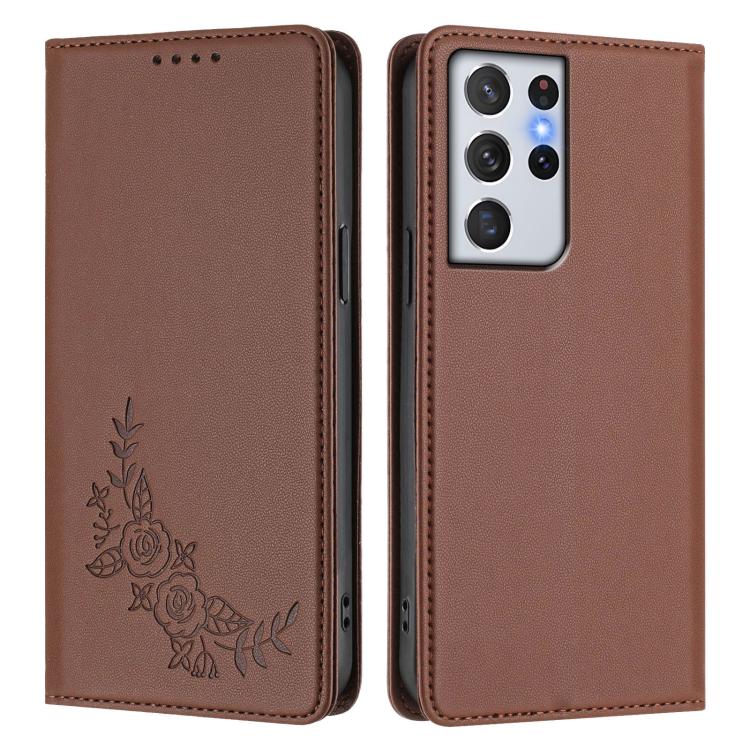 For Galaxy S21 Ultra 5G Peony Embossed Magnetic RFID Vegan Leather Phone Case