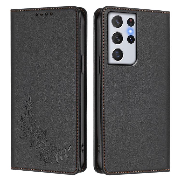 For Galaxy S21 Ultra 5G Peony Embossed Magnetic RFID Vegan Leather Phone Case