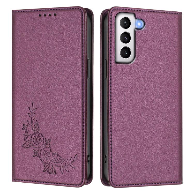 For Galaxy S21+ 5G Peony Embossed Magnetic RFID Vegan Leather Phone Case
