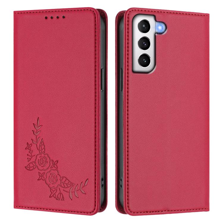 For Galaxy S21+ 5G Peony Embossed Magnetic RFID Vegan Leather Phone Case