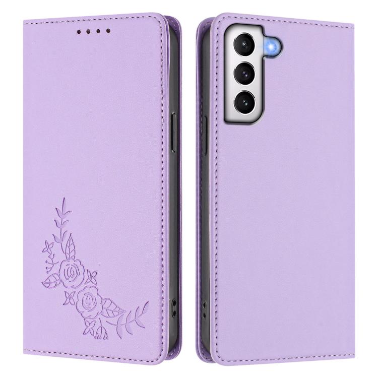 For Galaxy S21+ 5G Peony Embossed Magnetic RFID Vegan Leather Phone Case