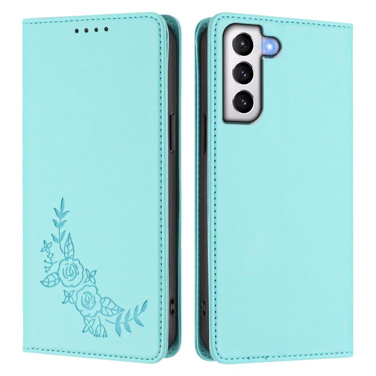 For Galaxy S21+ 5G Peony Embossed Magnetic RFID Vegan Leather Phone Case