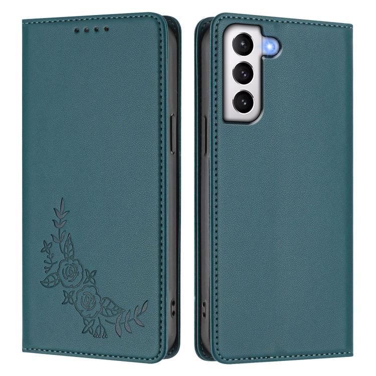 For Galaxy S21+ 5G Peony Embossed Magnetic RFID Vegan Leather Phone Case