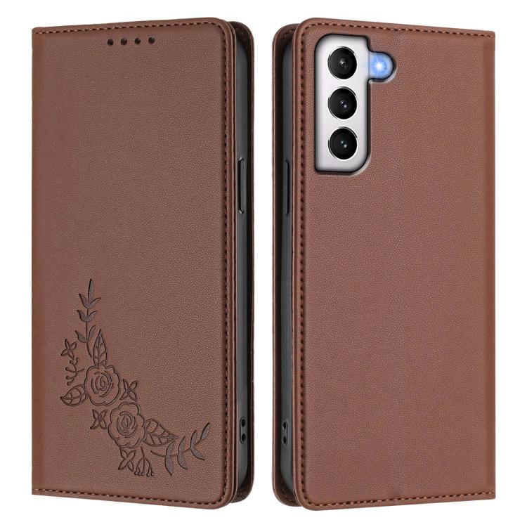 For Galaxy S21+ 5G Peony Embossed Magnetic RFID Vegan Leather Phone Case