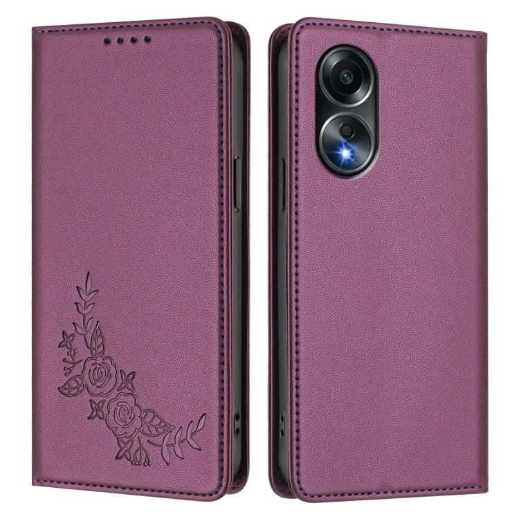 For OPPO A58 4G Global Peony Embossed Magnetic RFID Vegan Leather Phone Case