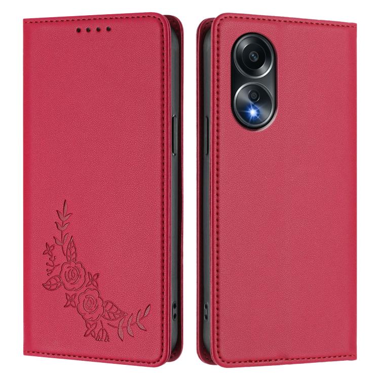 For OPPO A58 4G Global Peony Embossed Magnetic RFID Vegan Leather Phone Case