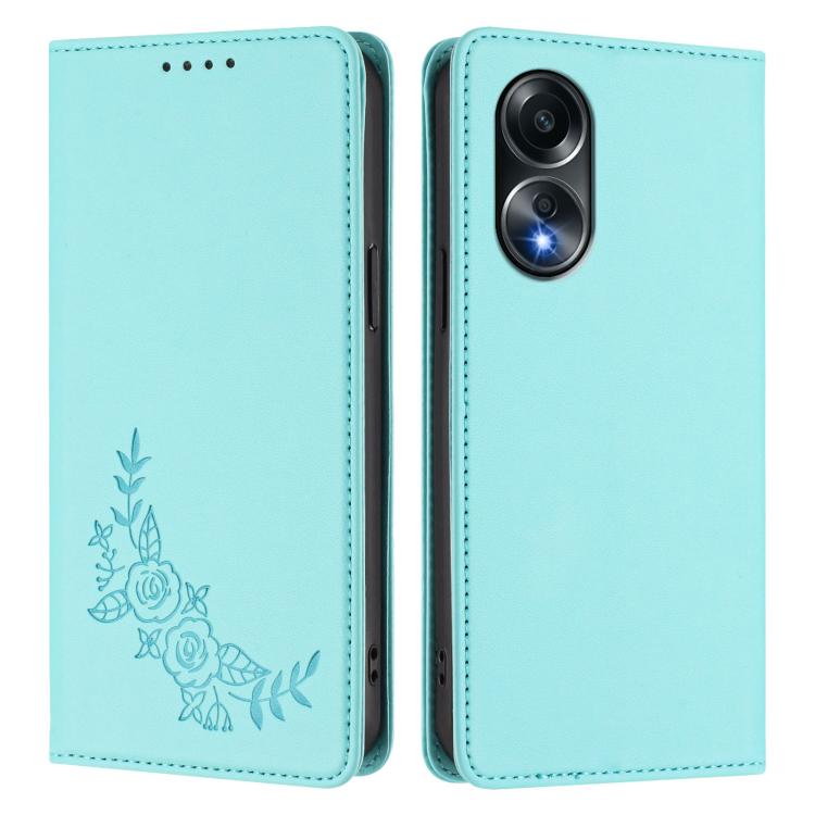 For OPPO A58 4G Global Peony Embossed Magnetic RFID Vegan Leather Phone Case
