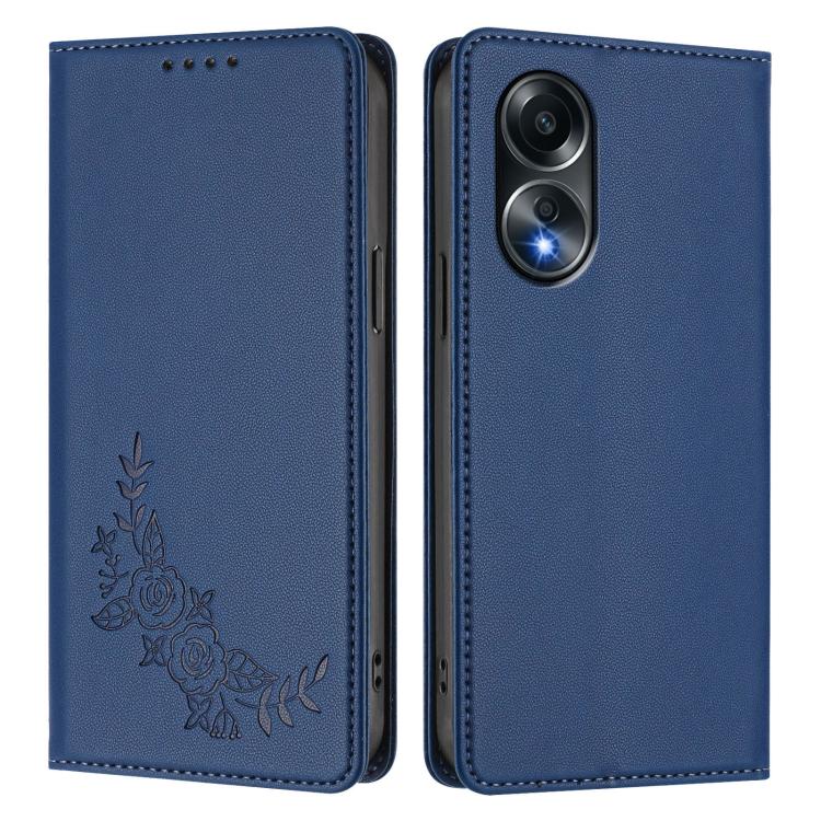 For OPPO A58 4G Global Peony Embossed Magnetic RFID Vegan Leather Phone Case