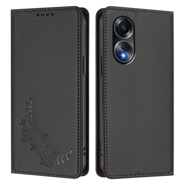 For OPPO A58 4G Global Peony Embossed Magnetic RFID Vegan Leather Phone Case