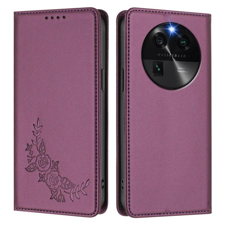 For OPPO Find X6 Peony Embossed Magnetic RFID Vegan Leather Phone Case