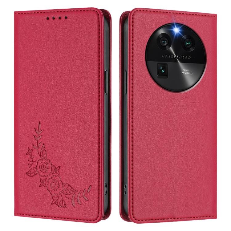 For OPPO Find X6 Peony Embossed Magnetic RFID Vegan Leather Phone Case