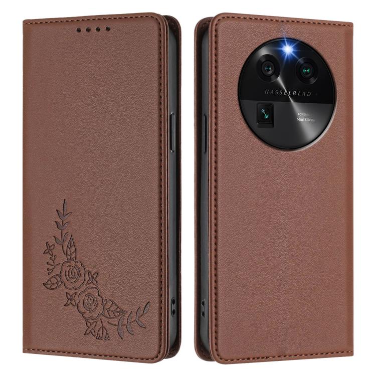 For OPPO Find X6 Peony Embossed Magnetic RFID Vegan Leather Phone Case