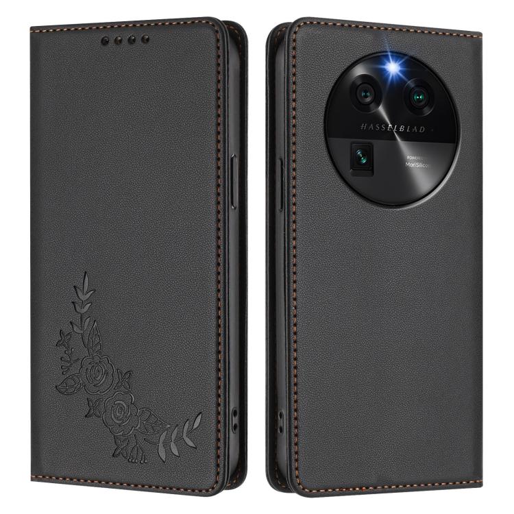 For OPPO Find X6 Peony Embossed Magnetic RFID Vegan Leather Phone Case