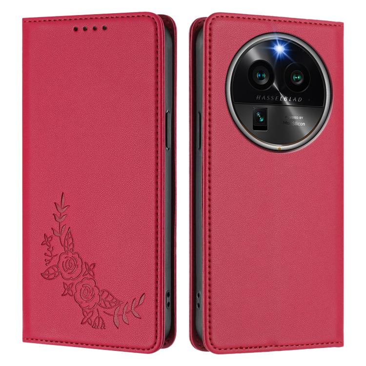 For OPPO Find X6 Pro Peony Embossed Magnetic RFID Vegan Leather Phone Case
