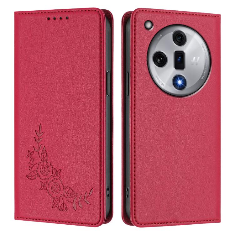 For OPPO Find X7 Peony Embossed Magnetic RFID Vegan Leather Phone Case
