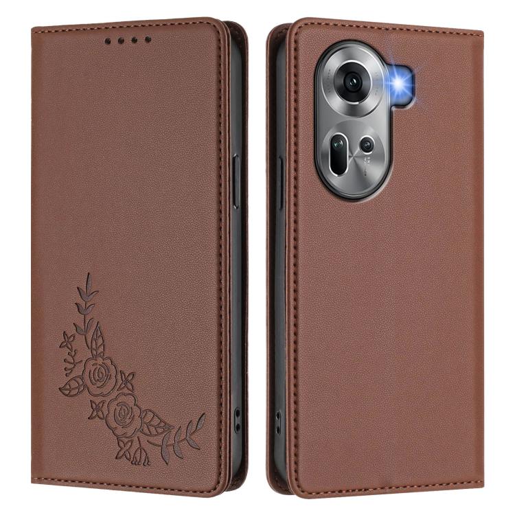 For OPPO Reno11 Global Peony Embossed Magnetic RFID Vegan Leather Phone Case