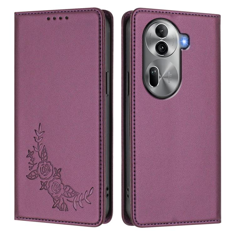 For OPPO Reno11 Pro Global Peony Embossed Magnetic RFID Vegan Leather Phone Case