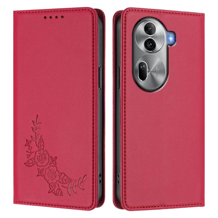 For OPPO Reno11 Pro Global Peony Embossed Magnetic RFID Vegan Leather Phone Case